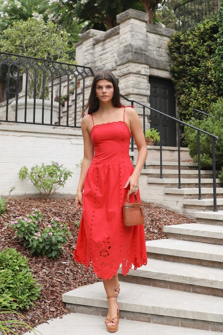 Red Eyelet Midi Dress