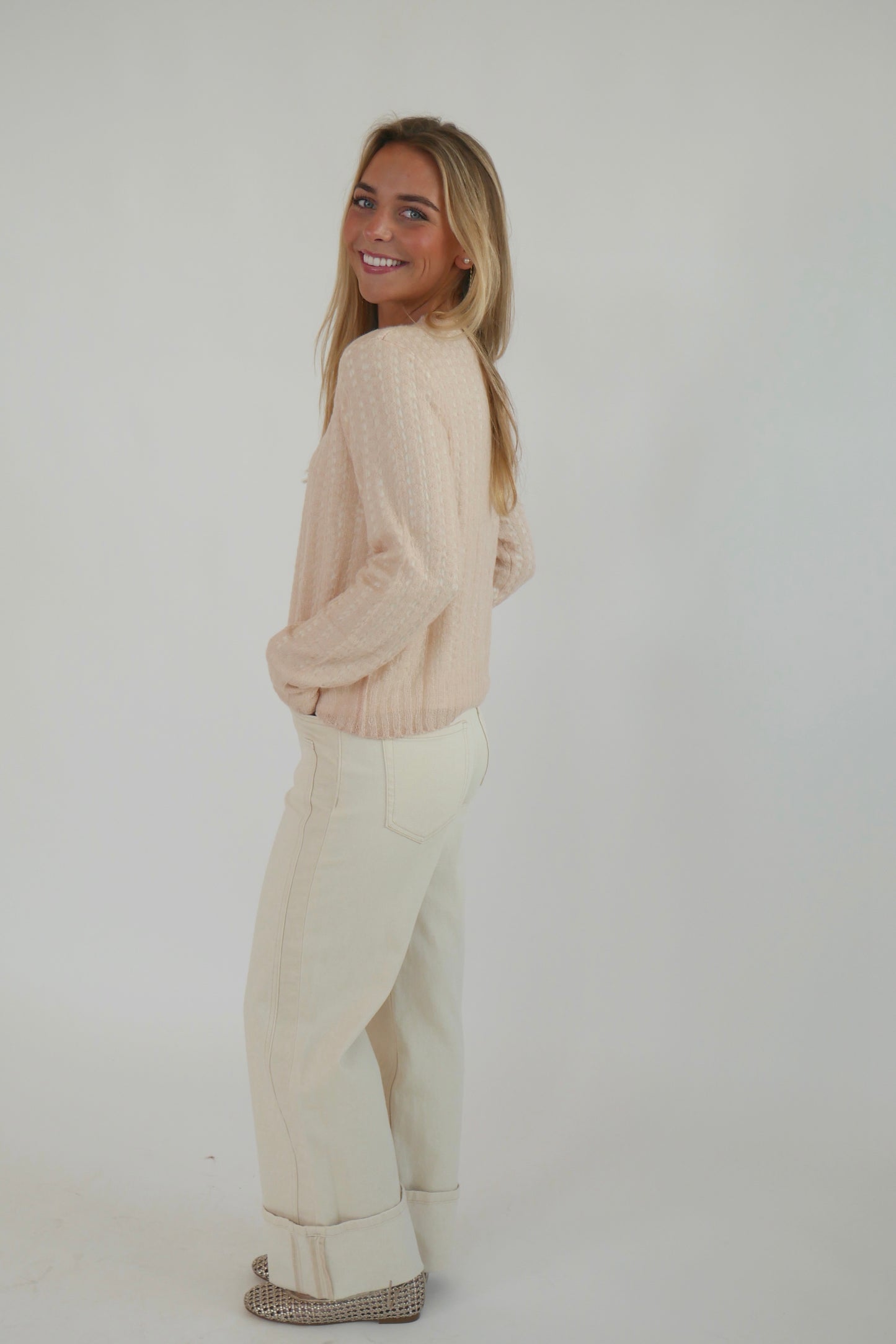 High Rise Cream Cuffed Jeans