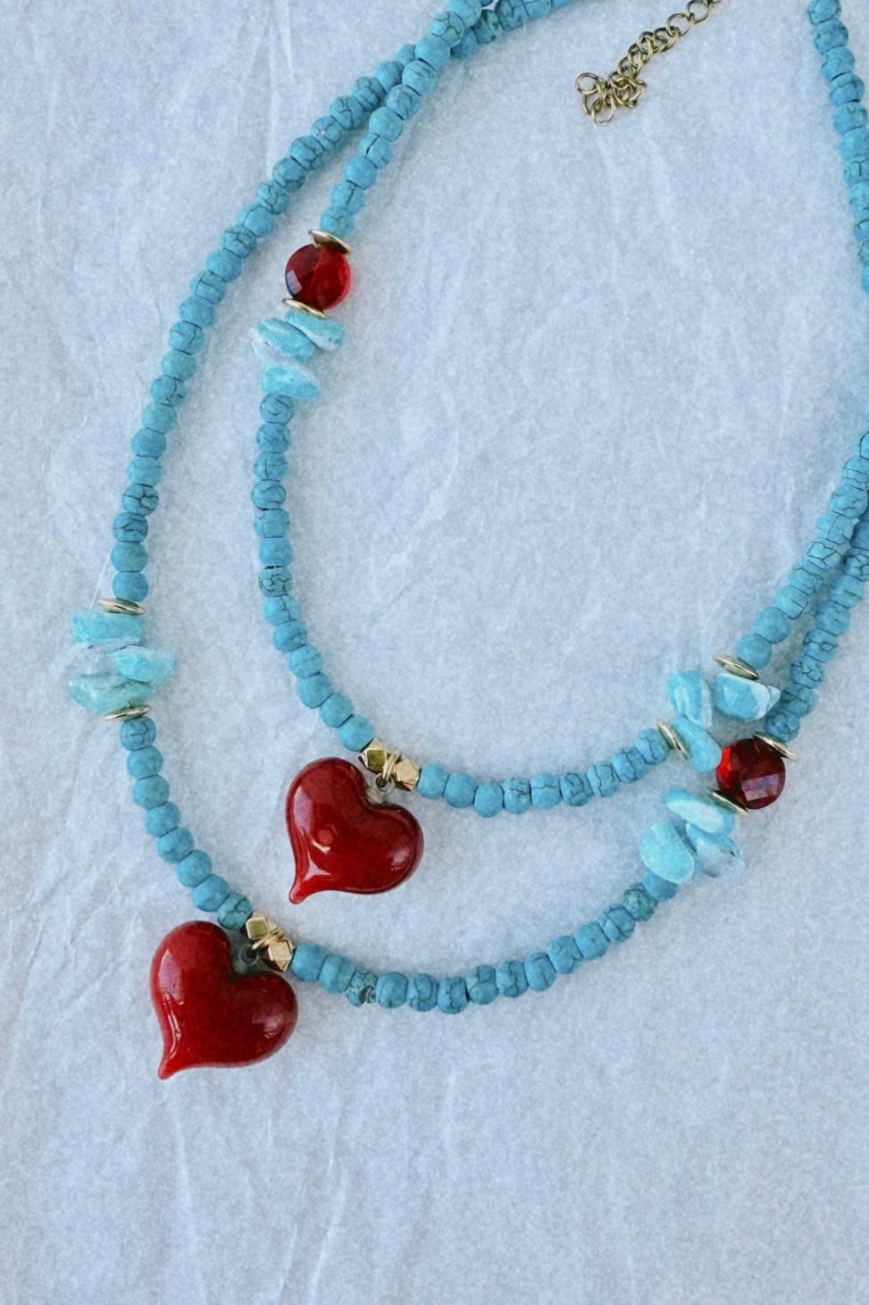 Turquoise Beaded Necklace with Red Heart - Mini