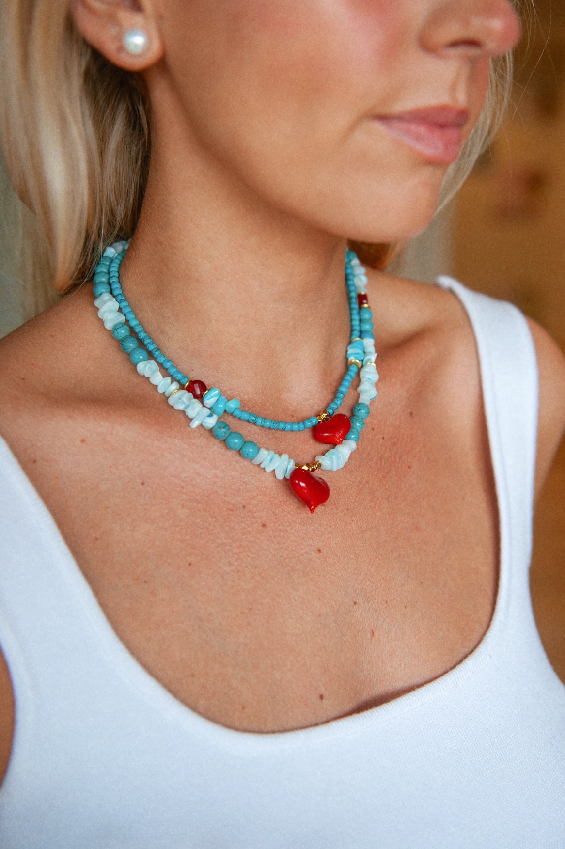 Large Turquoise Beaded Necklace with Red Heart