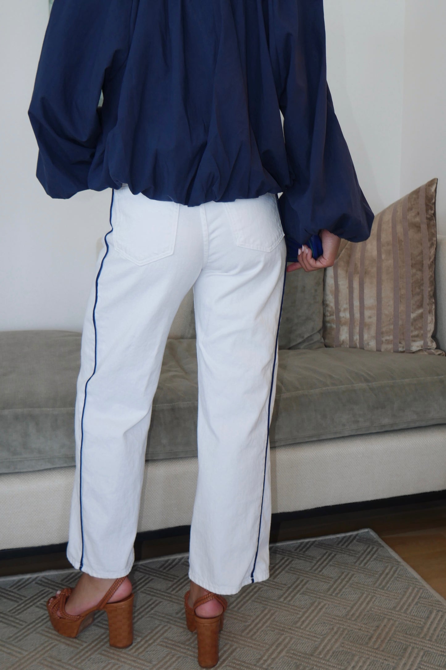 White Barrel Jean - Navy Stripe