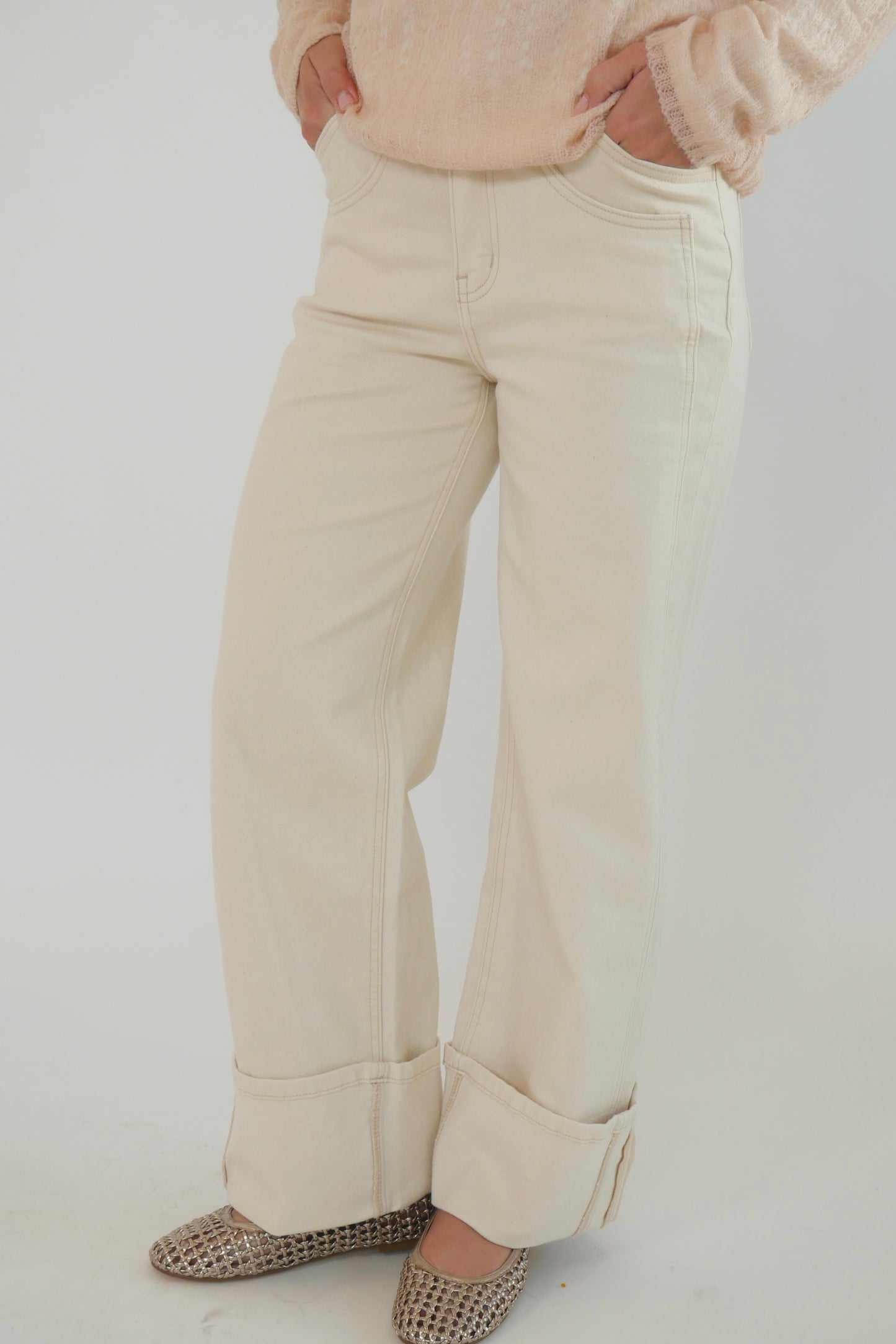High Rise Cream Cuffed Jeans