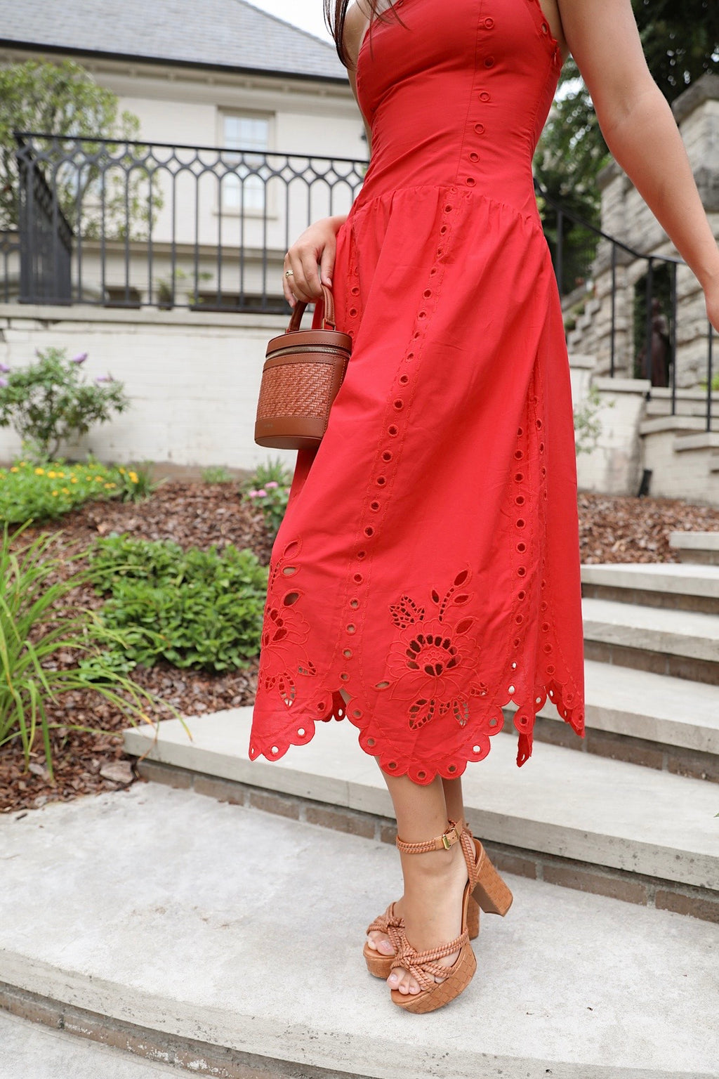 Red Eyelet Midi Dress