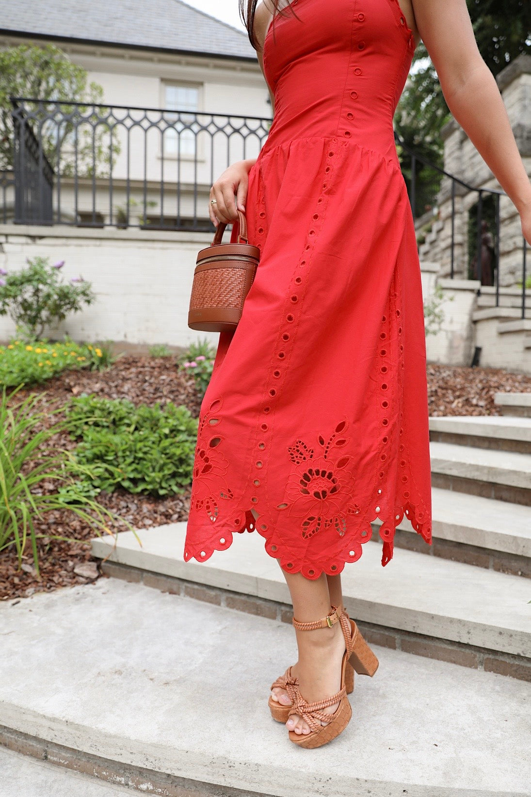 Red Eyelet Midi Dress