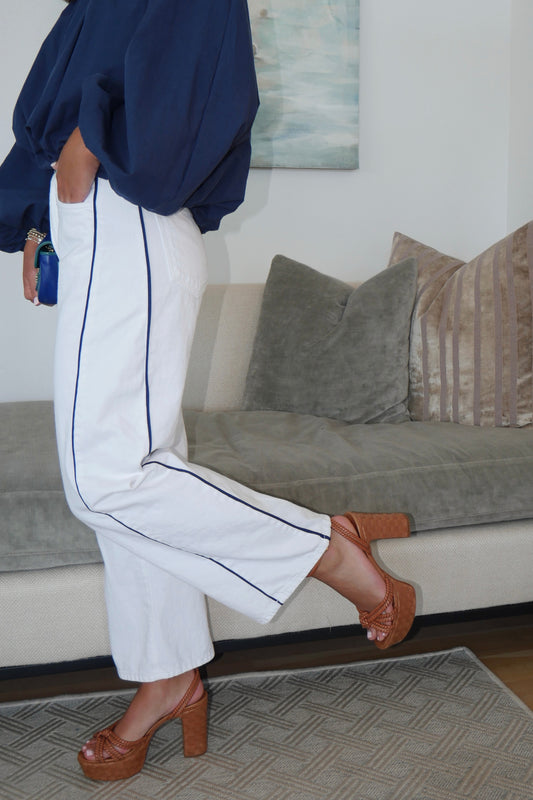 White Barrel Jean - Navy Stripe