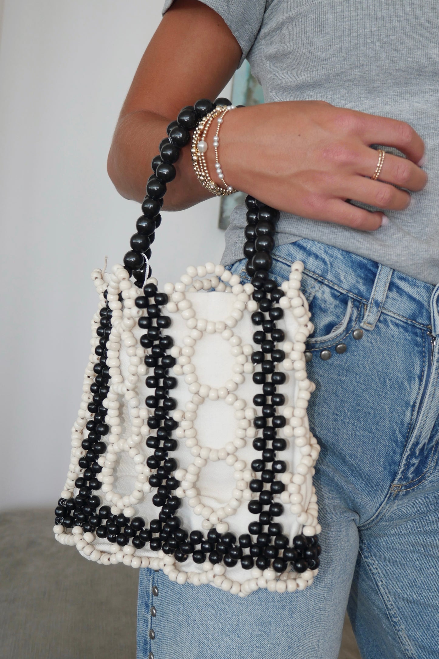 Black and White Wooden Mini tote