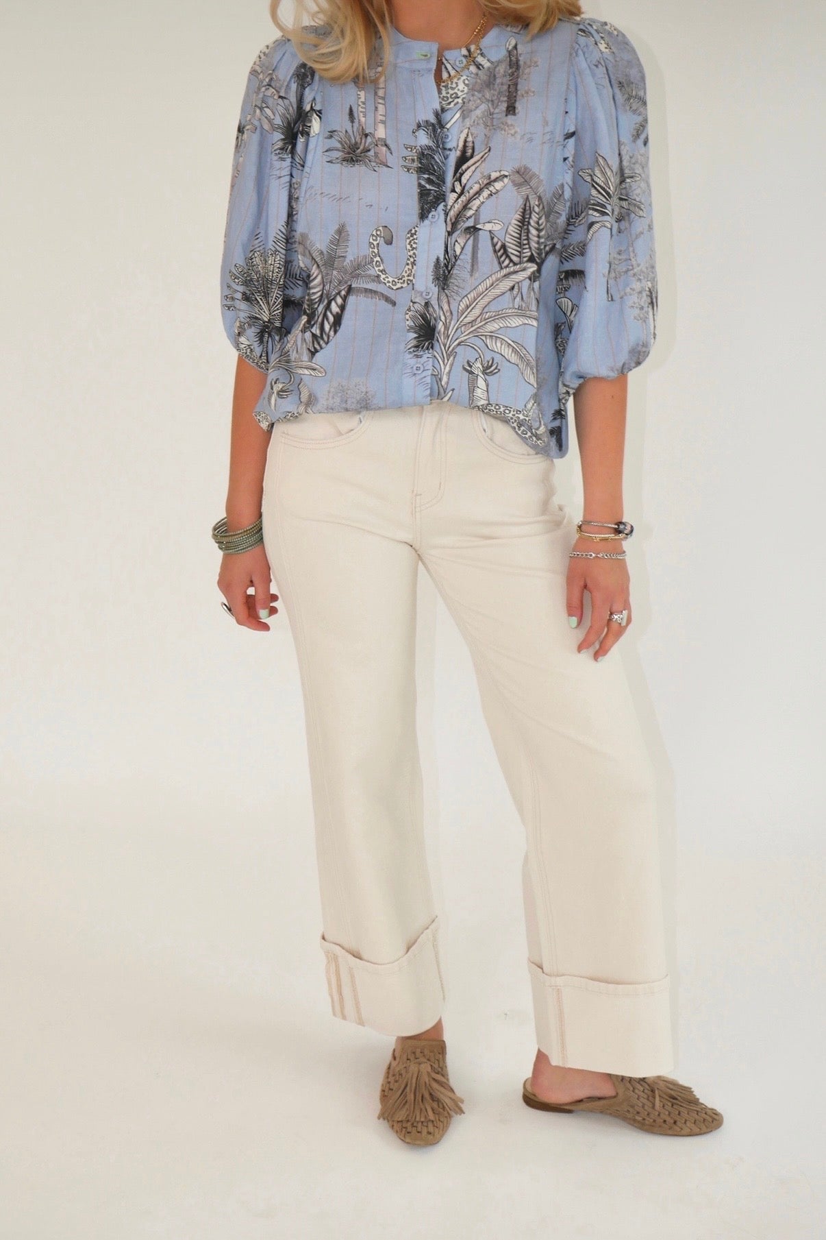 High Rise Cream Cuffed Jeans