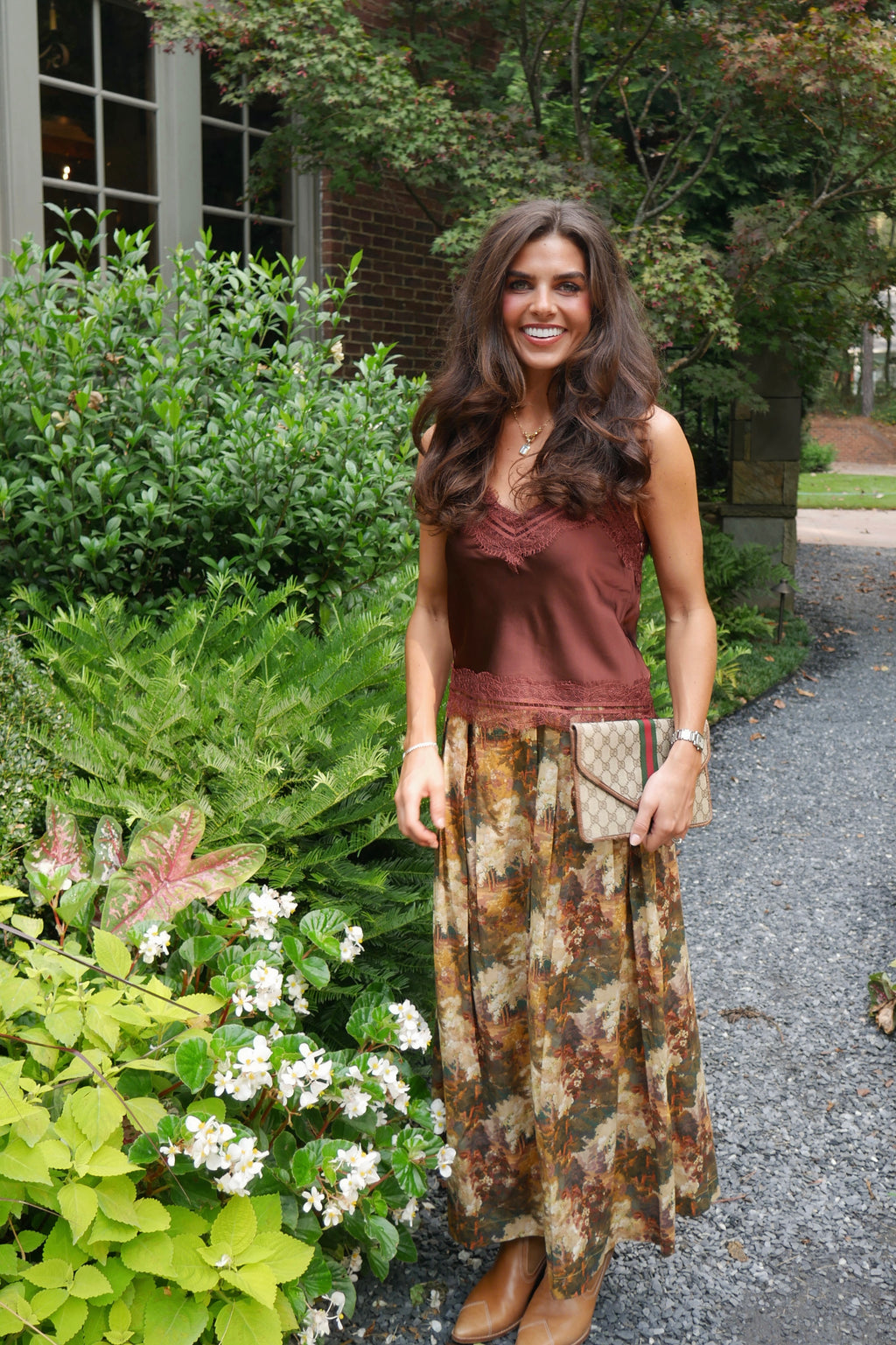 Lace Trim Tank - Brown