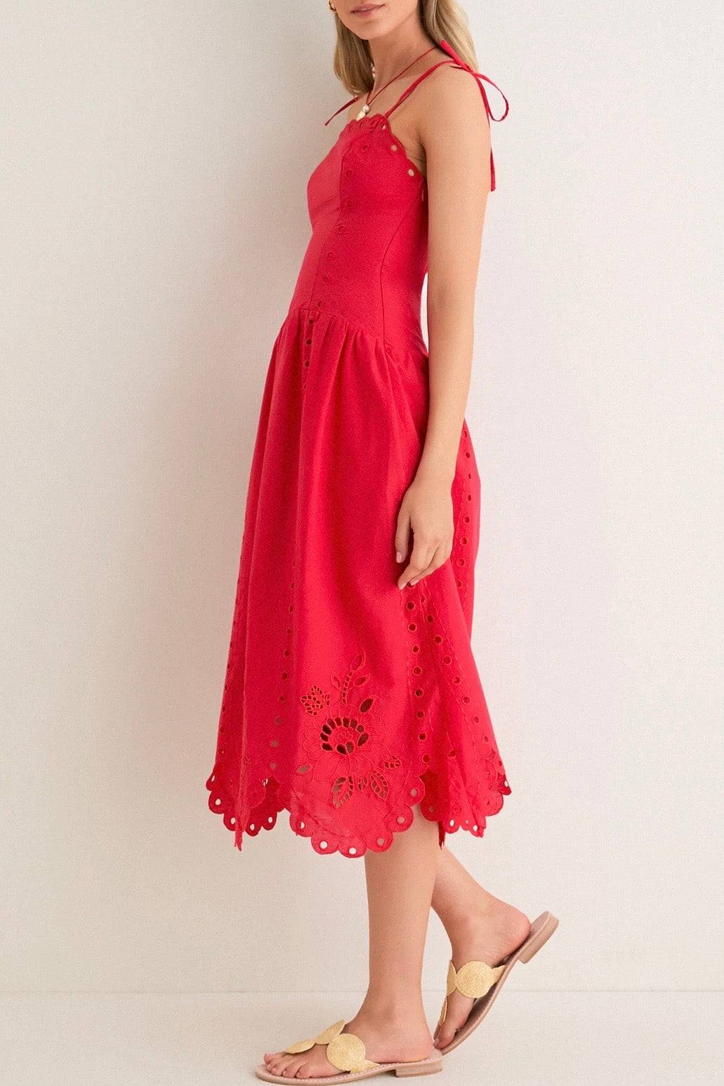 Red Eyelet Midi Dress
