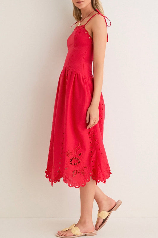 Red Eyelet Midi Dress