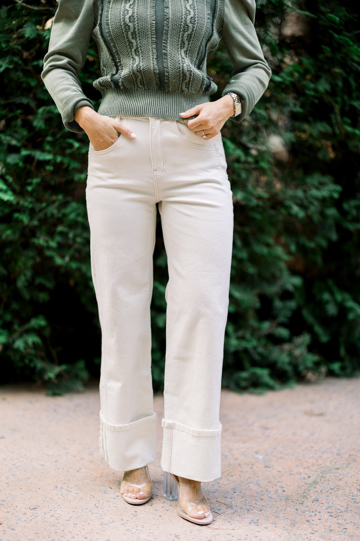 High Rise Cream Cuffed Jeans