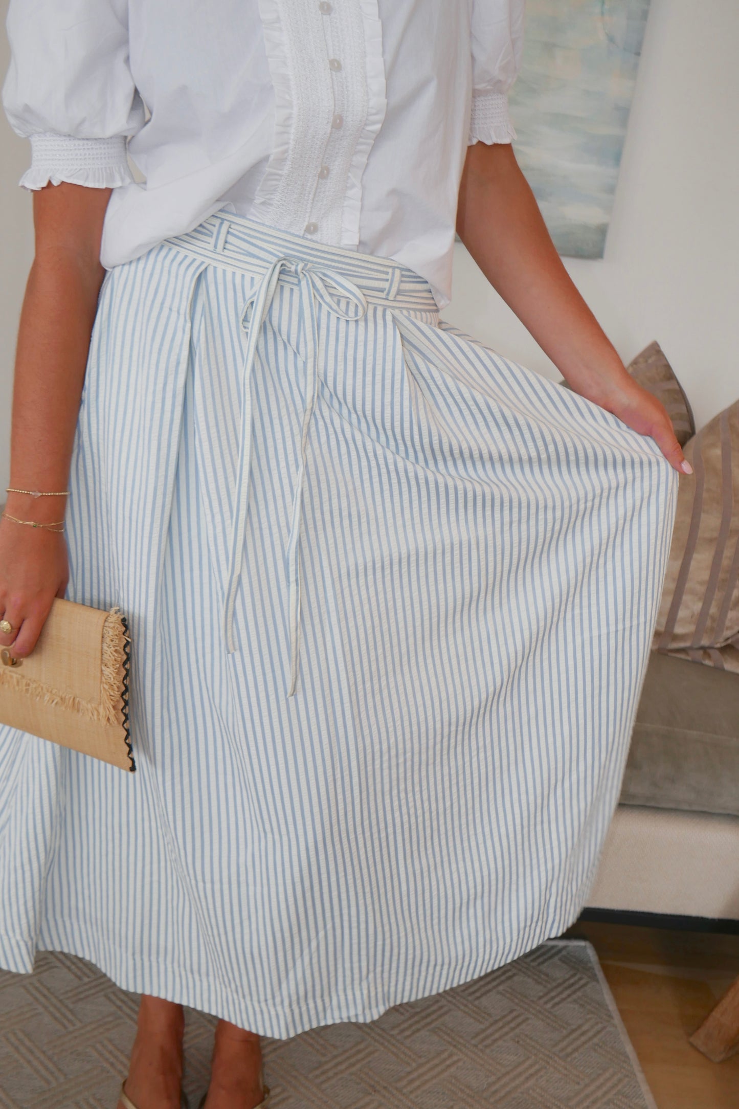 Striped Seersucker Skirt - blue