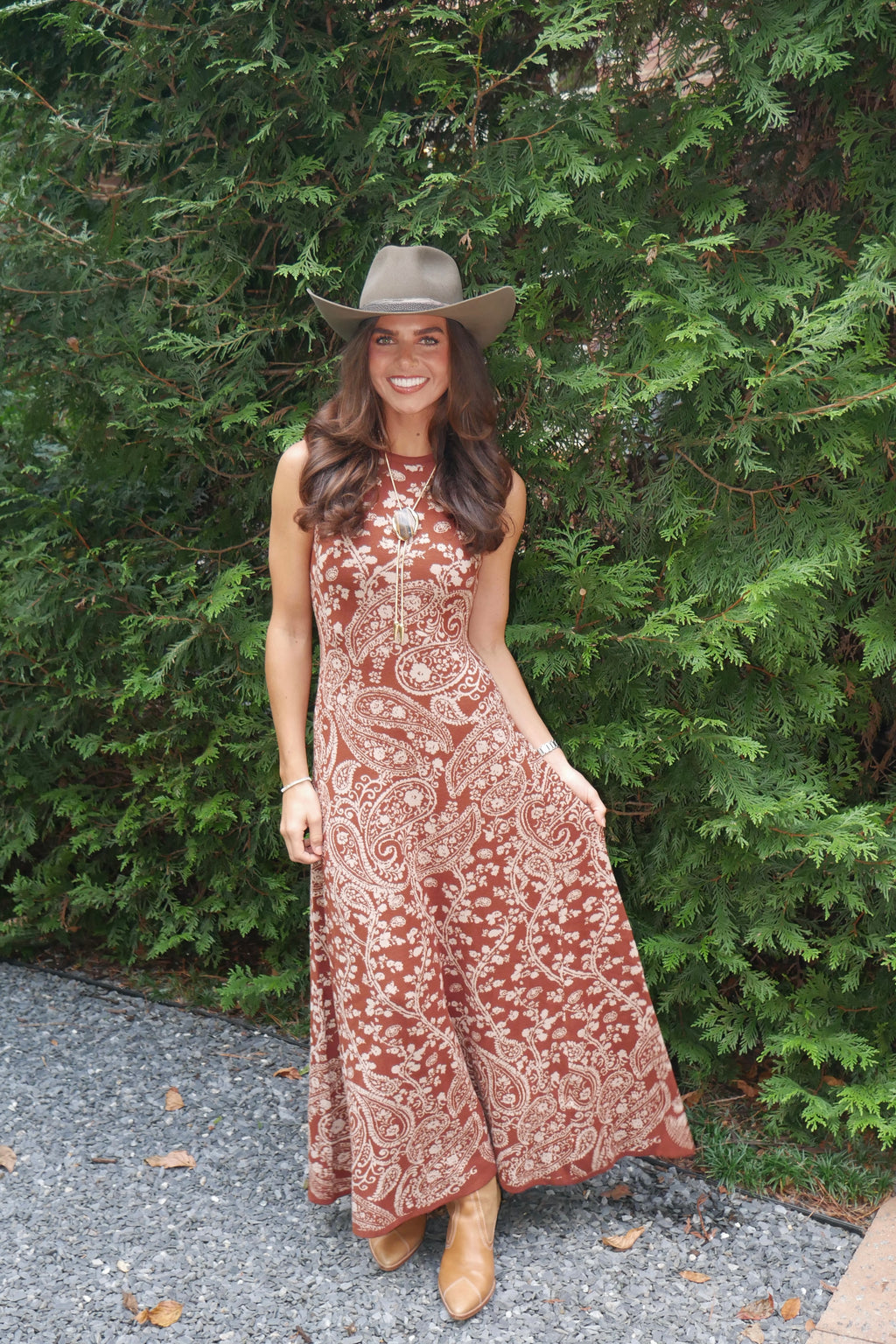 Paisley Knit Sweater Dress - Burnt Orange