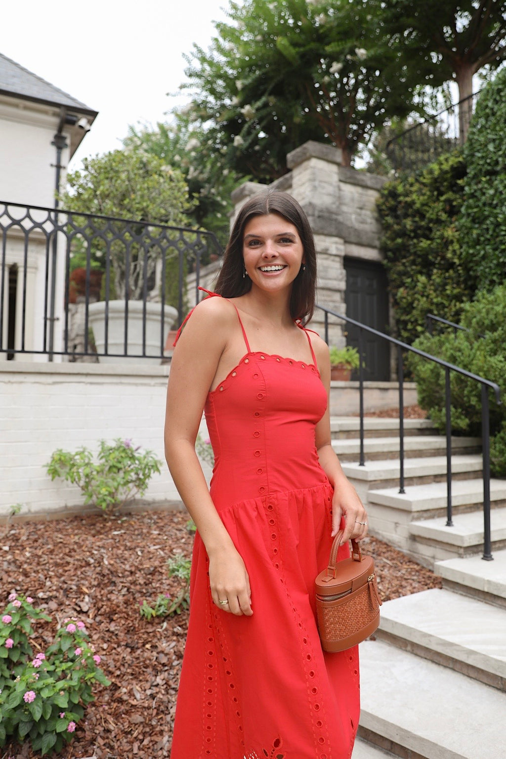 Red Eyelet Midi Dress