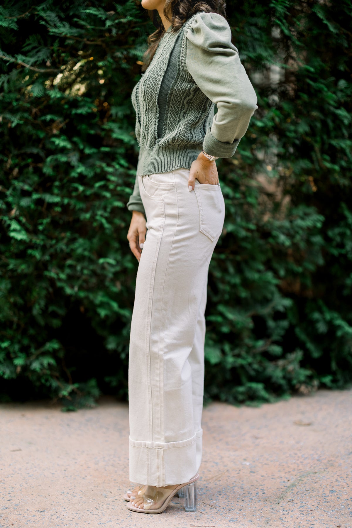 High Rise Cream Cuffed Jeans
