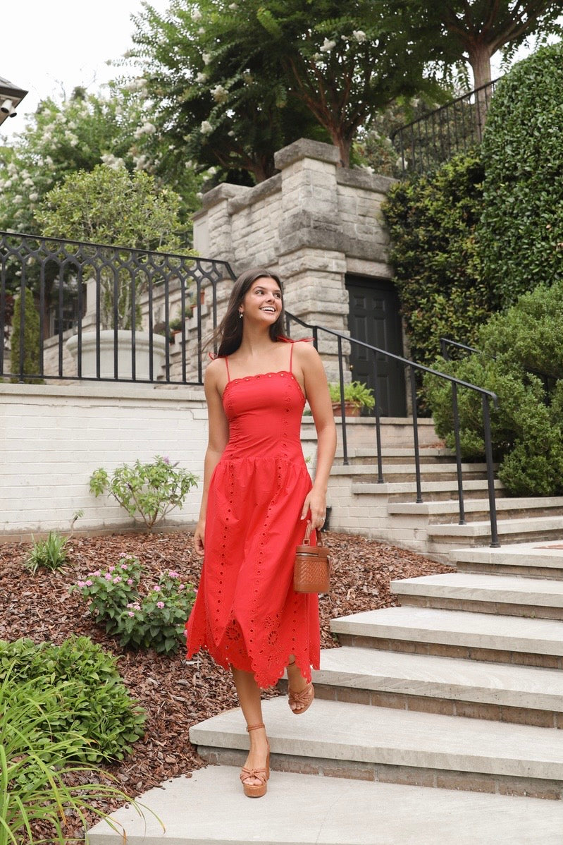 Red Eyelet Midi Dress