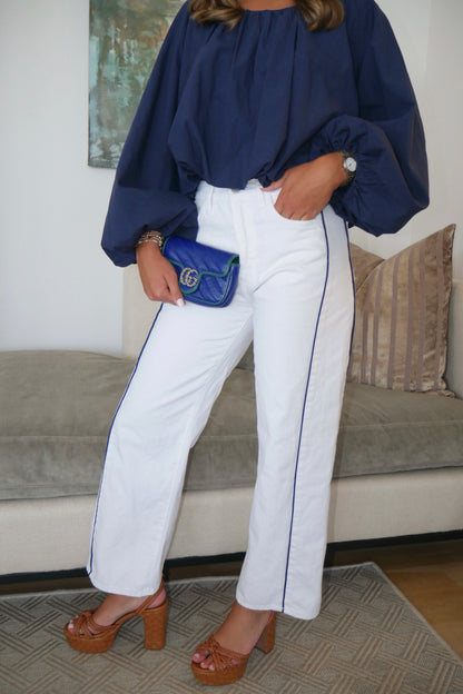 White Barrel Jean - Navy Stripe