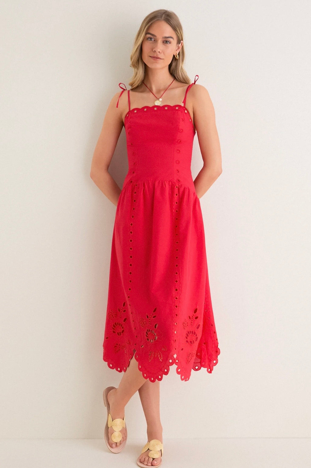 Red Eyelet Midi Dress
