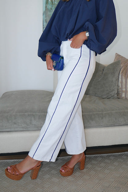 White Barrel Jean - Navy Stripe