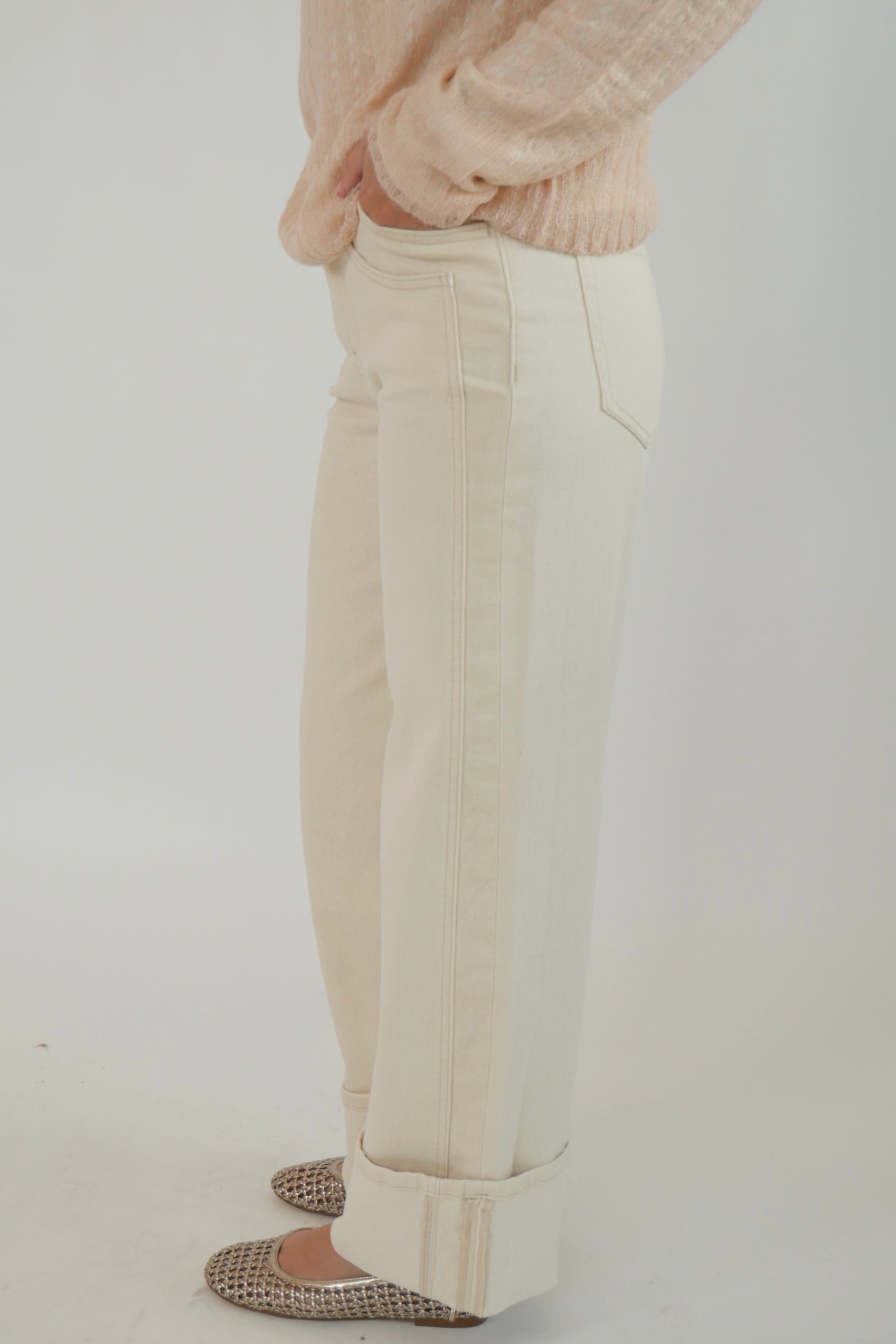 High Rise Cream Cuffed Jeans