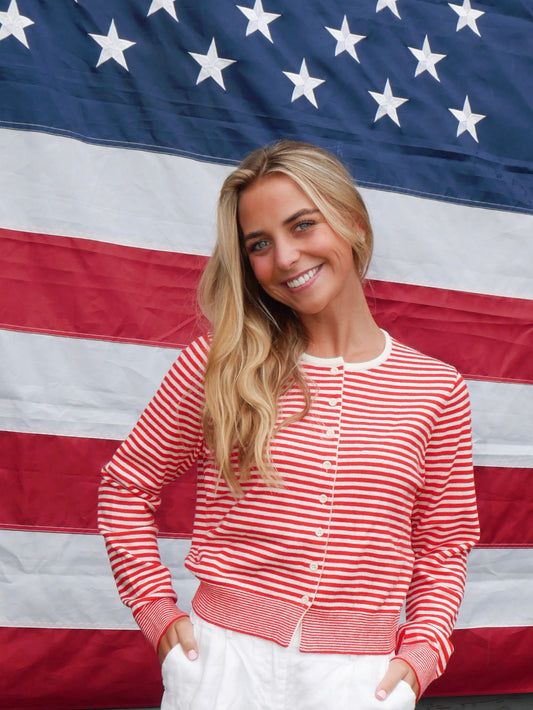 The Coastal Cardigan In Red & White