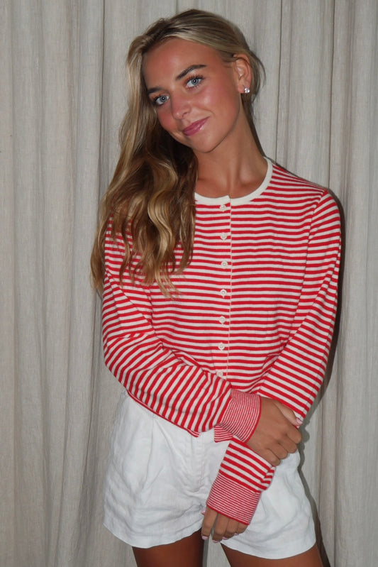 The Coastal Cardigan In Red & White